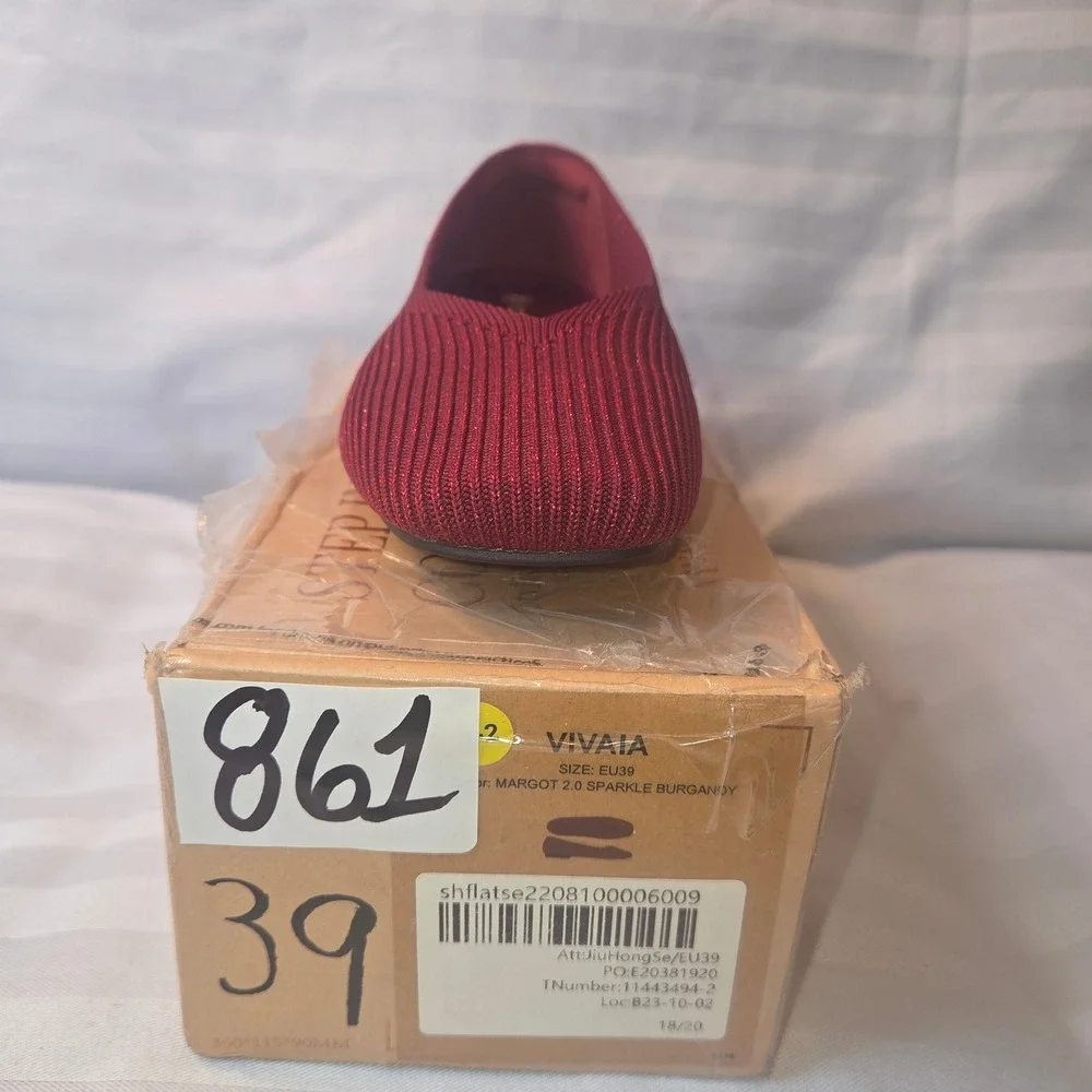 Vivaia Margot 2.0 Sparkle Burgundy Square Toe Knit Flats EU 39 Us 8